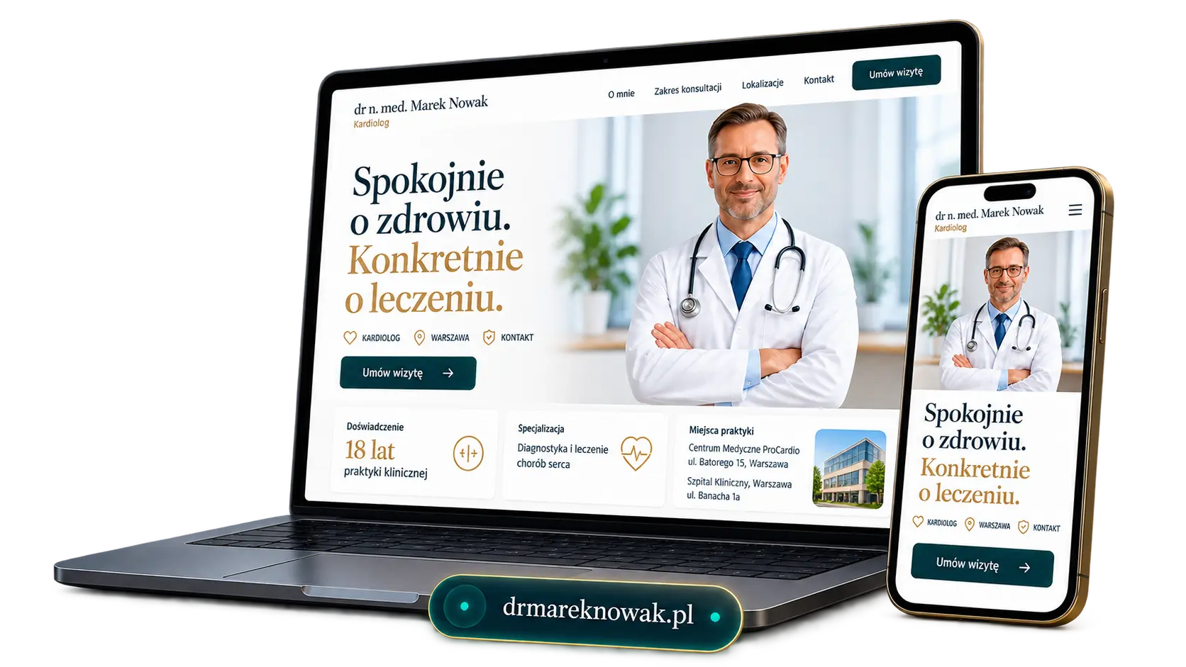Gotowa strona lekarza na laptopie i telefonie, opublikowana we własnej domenie