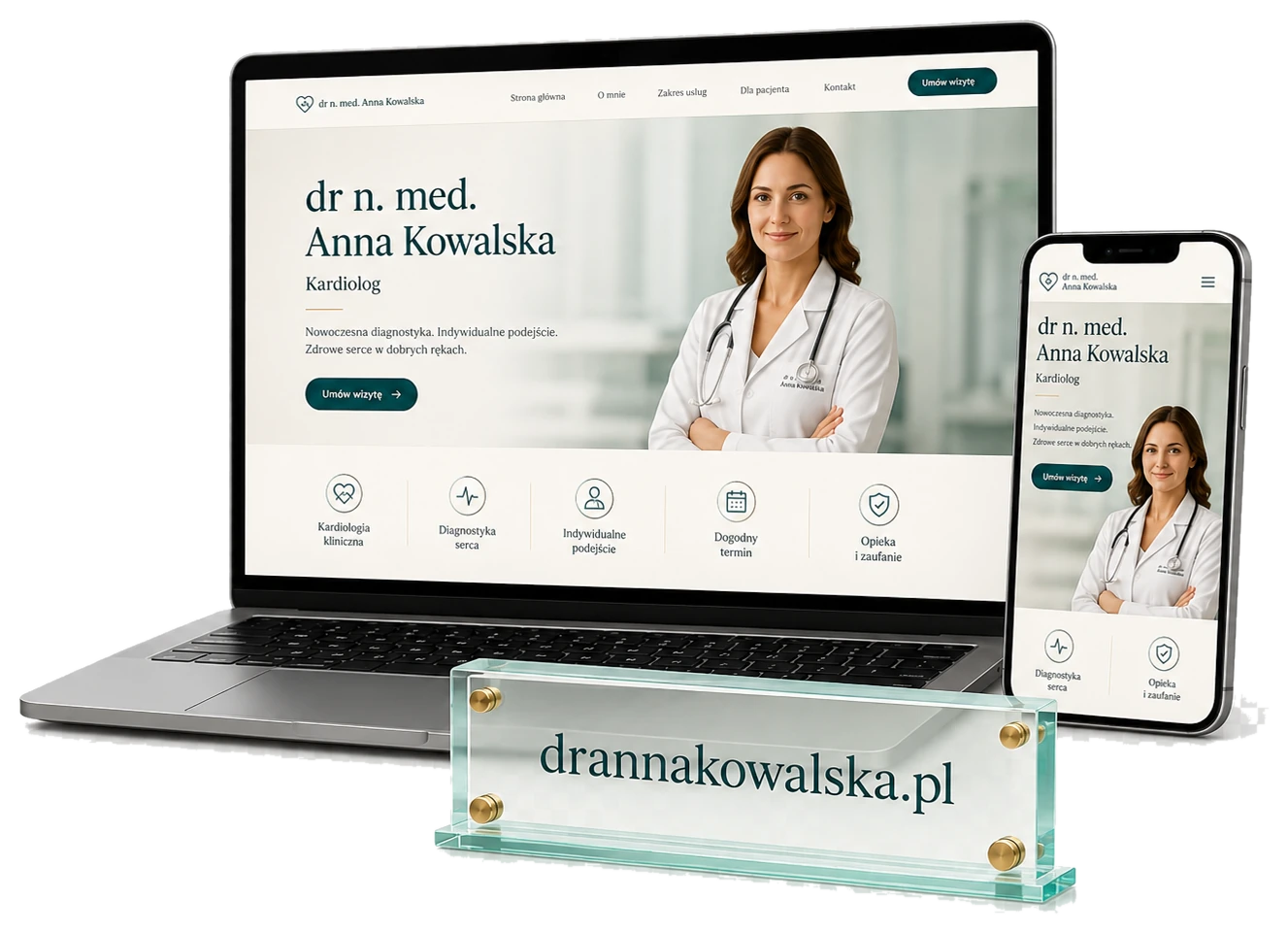 Gotowa strona lekarki na laptopie i telefonie, opublikowana pod własnym adresem