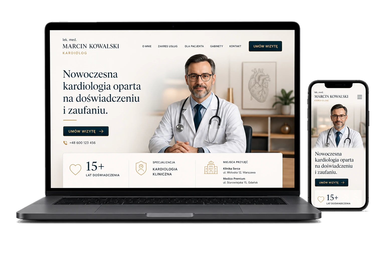 Przykładowa strona kardiologa w stylu Authority na laptopie i telefonie